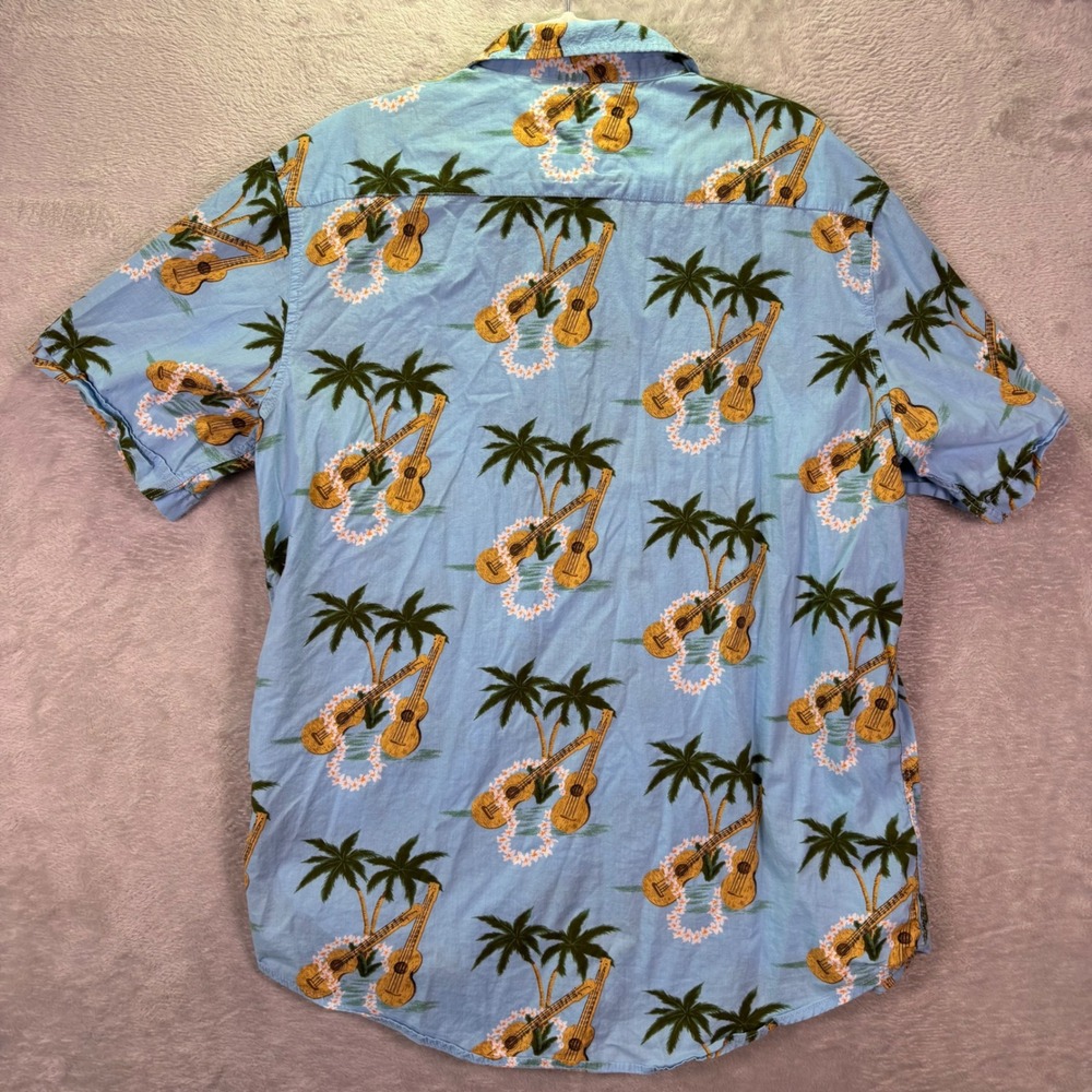 Coastal Mens Shirt Cotton Blue XL Ukulele Palm Tree Print Hawaiian Button Down - Picture 3 of 8